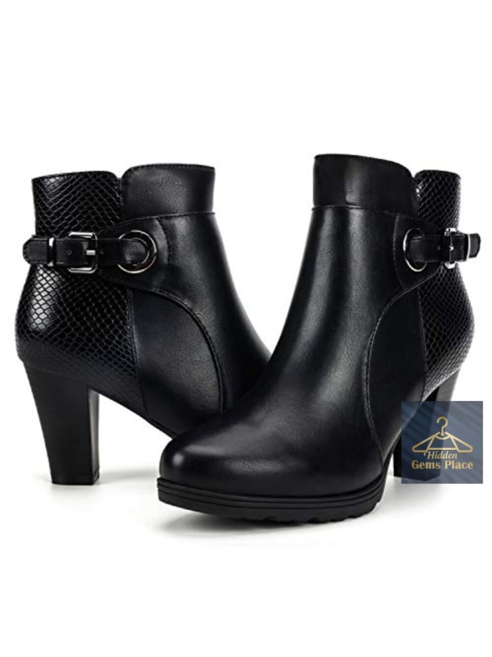 Women's Chunky Stacked Heel Ankle Boots Pu Zipper Buckle